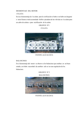 DESMONTAJE DEL MOTOR
CULATA
Se iso el desmontaje de la culata para la verificación si hubo o no hubo un desgaste
o tenia fisuras o tenia acumulado hollín o picadura de las válvulas en la culata para
un cabio de culata o para rectificación de la culata.
GRAFICO Nº1
CULATA
FUENTE: (LUCAS 2015)
BALANCINES
En el desmontaje del motor se observo a los balancines que estaban en un buen
estado y no hubo necesidad de cambiar solo se iso una regulación de los
balancines.
GRAFICO Nº 2
BALANCINES
FUENTE: (LUCAS 2015)
 