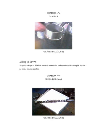 GRAFICO Nº6
CAMISAS
FUENTE: (LUCAS 2015)
ARBOL DE LEVAS
Se pudo ver que el árbol de levas se encontraba en buenas condiciones por lo cual
no se iso ningún cambio.
GRAFICO Nº7
ARBOL DE LEVAS
FUENTE: (LUCAS 2015)
 