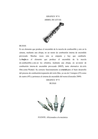 GRAFICO Nº 8
ARBOL DE LEVAS
BUJIAS
Es un elemento que produce el encendido de la mezcla de combustible y aire en la
cámara, mediante una chispa, en un motor de combustión interna de encendido
provocado. Muchas veces esta se empasta y hay que cambiarla
La bujía es el elemento que produce el encendido de la mezcla
de combustible y aire en los cilindros, mediante una chispa, en un motor de
combustión interna de encendido provocado (MEP), tanto alternativo de ciclo
Otto como Wankel. Su correcto funcionamiento es crucial para el buen desarrollo
del proceso de combustión/expansión del ciclo Otto, ya sea de 2 tiempos (2T) como
de cuatro (4T) y pertenece al sistema de encendido del motor.(Gonzales 2009)
GRAFICO Nº 9
BUJIAS
FUENTE: Aficionados a la mecánica
 