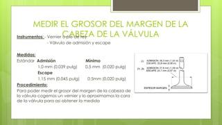 MEDIR EL GROSOR DEL MARGEN DE LA 
CABEZA DE LA VÁLVULA Instrumentos: - Vernier o pie de rey 
- Válvula de admisión y escape 
Medidas: 
Estándar Admisión Mínimo 
1.0 mm (0.039 pulg) 0.5 mm (0.020 pulg) 
Escape 
1.15 mm (0.045 pulg) 0.5mm (0.020 pulg) 
Procedimiento: 
Para poder medir el grosor del margen de la cabeza de 
la válvula cogemos un vernier y lo aproximamos la cara 
de la válvula para asi obtener la medida 
 