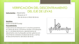 VERIFICACIÓN DEL DESCENTRAMIENTO 
DEL EJE DE LEVAS 
Instrumentos: - Alexómetro 
- Bloques en V 
- Eje de levas o árbol de levas 
Medidas: 
0.025 mm(0.0010 pulg) 
Procedimiento: 
Colocamos los bloques en V, encima ponemos 
en árbol de levas, echamos aceite a los bloques 
en V y al árbol de levas y aproximamos el 
alexómetro a la muñequilla central, giramos en 
movimiento rotatorio el árbol de levas y vemos 
el descentramiento del árbol de levas 
 