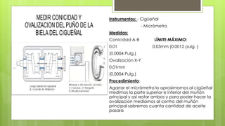 Instrumentos: - Cigüeñal 
- Micrómetro 
Medidas: 
Conicidad A-B LÍMITE MÁXIMO: 
0.01 0.03mm (0.0012 pulg. ) 
(0.0004 Pulg.) 
Ovalización X-Y 
0.01mm 
(0.0004 Pulg.) 
Procedimiento: 
Agarrar el micrómetro lo aproximamos al cigüeñal 
medimos la parte superior e inferior del muñón 
principal y así restar ambos y para poder hacer la 
ovalizacion mediamos al centro del muñón 
principal sabremos cuanta cantidad de aceite 
pasara 
 
