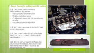 3°. Paso Sacar la cubierta de la culata 
(a) Desconectar los cables y 
abrazaderas siguientes: 
• Desconectar el alternador 
• Cables del alternador 
• Cable del interruptor de presión de 
aceite 
• Dos abrazaderas de cable 
(b) Sacar los pernos y el protector del 
mazo de cables. 
(c) Desconectar las tuberías flexibles 
del lado de la cubierta de la culata 
de cilindros. 
(d) Sacar las tuercas de la tapa, las 
arandelas de sellado, la cubierta de 
la culata de cilindros y la junta de 
empaquetadura. 
Cubierta de la culata 
 