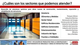 ¿Cuáles son los sectores que podemos atender?
VENTA Y APLICACIÓN DE PRODUCTOS PARA LA CONSTRUCCION Y
MANTENIMIENTO DE INMUEBLES Y OBRAS DE INFRAESTRUCTURA
Parques Eólicos
Industria Eléctrica
Generación de Energía
Construcción de Túneles
Industria Farmacéutica
Industria del Concreto
Industria del Cemento
Industria Química
Minería
Gas y Petróleo
Desarrolla de soluciones químicas para obras nuevas de construcción, mantenimiento, reparación y
rehabilitación de estructuras.
Hotelería
Alimentos y Bebidas
Sector Salud
Edificios Residenciales
Edificios Comerciales
Estacionamientos
Industria del Agua
Puentes y Vialidades
 