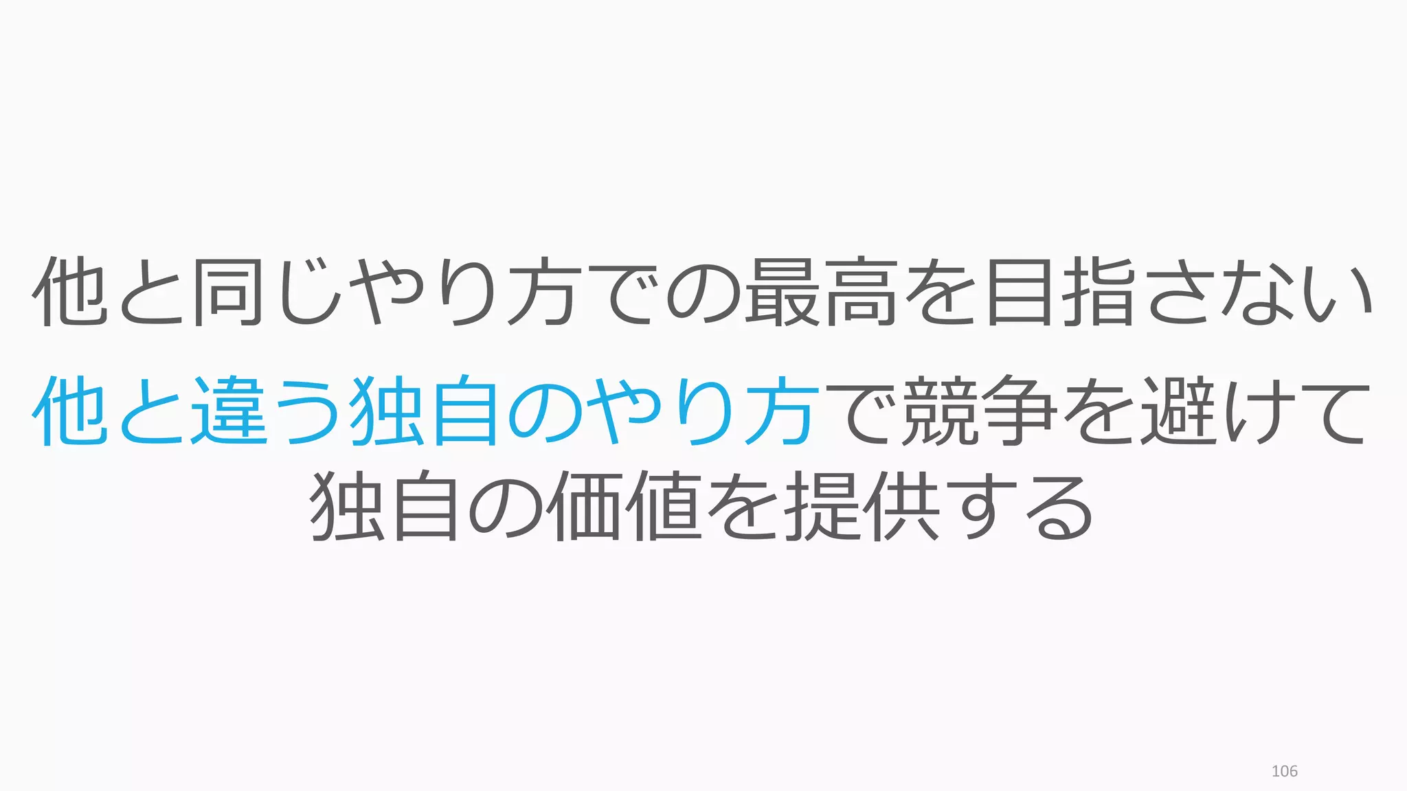 業界内で特殊な位置を持つ企業は、すべての顧客の要件に応えようとはしていません。ス
タートアップは今後成⻑しそうな新たな顧客層や軸にフォーカスすると良いと⾔われます。
Francis Frei, “Uncommon Service” を改変 106
⼀部のサービスレベルを落としたり、やり⽅を変える
変化する⼒！
楽しさ！
⾃由！
店舗の娯楽性！
家具の耐久性
設置の容易さ
販売員の説明
店舗の⽴地
IKEA の標的
顧客が最重視
IKEA の標的
顧客が最軽視
1 2 3 4 5
新たな顧客層が求めたもの IKEA従来の家具店
 