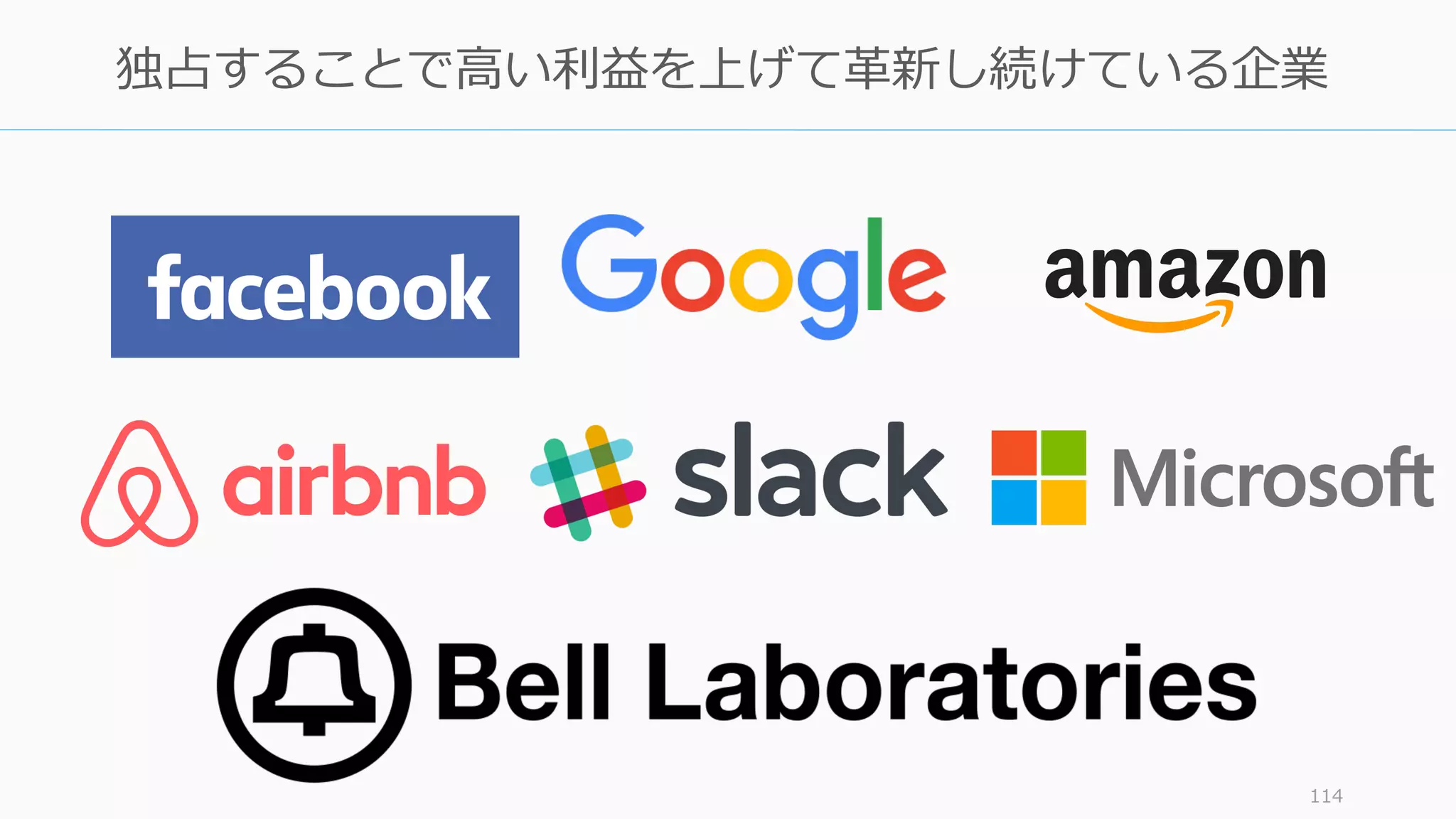 114
独占することで⾼い利益を上げて⾰新し続けている企業
 