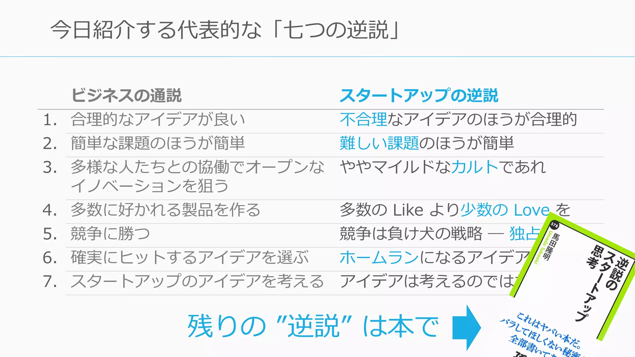 18
今⽇紹介する代表的な「七つの逆説」
ビジネスの通説 スタートアップの逆説
1. 合理的なアイデアが良い 不合理なアイデアのほうが合理的
2. 簡単な課題のほうが簡単 難しい課題のほうが簡単
3. 多様な⼈たちとの協働でオープンな
イノベーションを狙う
ややマイルドなカルトであれ
4. 多数に好かれる製品を作る 多数の Like より少数の Love を
5. 競争に勝つ 競争は負け⽝の戦略 ― 独占せよ
6. 確実にヒットするアイデアを選ぶ ホームランになるアイデアを選ぶ
7. スタートアップのアイデアを考える アイデアは考えるのではなく気付く
残りの ”逆説” は本で
 