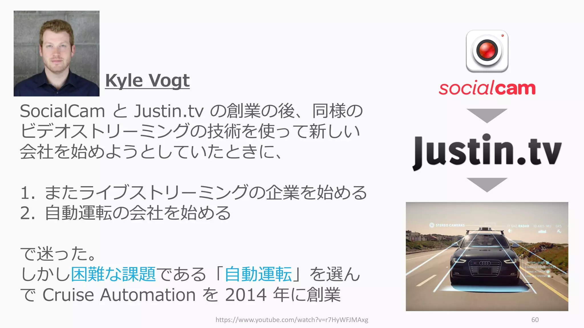 https://www.youtube.com/watch?v=r7HyWFJMAxg 60
Kyle Vogt
SocialCam と Justin.tv の創業の後、同様の
ビデオストリーミングの技術を使って新しい
会社を始めようとしていたときに、
1. またライブストリーミングの企業を始める
2. ⾃動運転の会社を始める
で迷った。
しかし困難な課題である「⾃動運転」を選ん
で Cruise Automation を 2014 年に創業
 