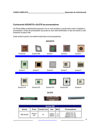 CURSO COMPLETO___________________________________________Reparação de motherboards
___________________ ______________________ 26
Conhecendo SOCKETS e SLOTS de processadores
As Placas Mães (motherboard) possuem um ou mais sockets ou ainda slots onde é instalado o
processador. O tipo de processador que pode se usar está identificado no tipo de socket ou slot
presente na placa mãe.
Cada socket suporta uma determinada faixa de processadores.
SOCKETS
Presocket Socket 486 Socket 1 Socket 2 Socket 3
Socket 4 Socket 5 Socket 6 Socket 7 Socket 8
Socket 370 Socket 423 Socket 478 Socket 603 Socket A
SLOTS
Socket 486
Nomes Pinos Tensão Core Bus Muti Processadores
486 Socket
168 pin
LIF
5v 20MHz
25MHz
1.0
2.0
486DX 20~33
486DX2 50~66
486DX4 75~120
 