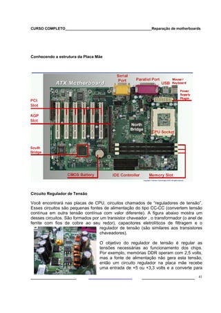 CURSO COMPLETO___________________________________________Reparação de motherboards
___________________ ______________________ 41
Conhecendo a estrutura da Placa Mãe
Circuito Regulador de Tensão
Você encontrará nas placas de CPU, circuitos chamados de “reguladores de tensão”.
Esses circuitos são pequenas fontes de alimentação do tipo CC-CC (convertem tensão
contínua em outra tensão contínua com valor diferente). A figura abaixo mostra um
desses circuitos. São formados por um transistor chaveador , o transformador (o anel de
ferrite com fios de cobre ao seu redor), capacitores eletrolíticos de filtragem e o
regulador de tensão (são similares aos transistores
chaveadores).
O objetivo do regulador de tensão é regular as
tensões necessárias ao funcionamento dos chips.
Por exemplo, memórias DDR operam com 2,5 volts,
mas a fonte de alimentação não gera esta tensão,
então um circuito regulador na placa mãe recebe
uma entrada de +5 ou +3,3 volts e a converte para
 