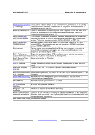CURSO COMPLETO___________________________________________Reparação de motherboards
___________________ ______________________ 48
Intel® Extreme Graphics
2 Technology
Vídeo gráfico onboard 2D/3D de alta perforformance, comparável ao de um chip
GeForce2 médio. Suficiente para executar os programas 3D modernos sem a
necessidade de uma placa 3D.
Intel® Hub Architecture Conexão direta e exclusiva entre a ponte norte e a ponte sul, de 266 MB/s, evita
quedas de desempenho que ocorria nos chipsets mais antigos, devido ao
congestionamento do barramento PCI.
Dual-Channel DDR
400/333/266 SDRAM
Dois módulos de memória DDR iguais oferecem desempenho duas vezes maior
que o de um módulo só, como o core nas placas equipadas com chipsets mais
antigos. Podem ser usadas memórias DDR400, DDR333 ou DDR 266.
Dual-Channel DDR
333/266 SDRAM
Memória DDR em duplo canal, porém com velocidade máxima de 533 MHz. O
chipset 865P é o único deste grupo que não opera com DDR400, suportando
apenas DDR266 e DDR333.
ECC memory Permite operar com memórias DDR de 72 bits, com checagem e correção de
erros (ECC), indicado para aplicações que exigem confiabilidade extrema.
Disponível apenas no chipset 875P.
PAT - Performance
Acceleration Technology
Disponível apenas no chipset 875P, resulta em menor latência nos acessos à
memória, resultando em aumento de desempenho.
Intel® Dynamic Video
Output Interface
Saída para monitor ou TV digital.
AGP8X Interface Highest bandwidth graphics interface enables upgradeability to latest graphics
cards.
Integrated Hi-Speed
USB 2.0
Quatro portas USB 2.0, cada uma com velocidade de 480 Mbits/s.
Dual Independent Serial
ATA Controllers
Interfaces IDE primária e secundária de 100 MB/s e duas interfaces Serial ATA de
150 MB/s.
Intel® RAID Technology As interfaces Serial ATA podem operar em modo RAID, o que aumenta a
confiabilidade e o desempenho.
Ultra ATA/100 As interfaces IDE operam no modo ATA-100.
AC '97 Controller
Supports
Áudio de alta qualidade padrão 5.1.
Integrated LAN
controller
Interface de rede de 10/100 Mbits/s (Ethernet).
Intel® Communication
Streaming Architecture
Conexão de alta velocidade para chip de rede de 1000 Mbits/s. O chip é opcional,
e não faz parte do chipset. Caso seja desejado o seu uso, podemos escolher uma
placa que possua este recurso.
Low-Power Sleep Mode Economia de energia
 