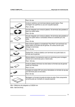 CURSO COMPLETO___________________________________________Reparação de motherboards
___________________ ______________________ 54
Pitch: 50 mils
CQFP
Invólucro cerâmico com terminais laterais (quatro lados). Para
montagem de superfície ou uso com soquete especial.
Pitch: 25 mils
PF-P
Circuito integrado com invólucro plástico. Os terminais são paralelos à
base nos quatro lados.
Pitch: 50 mils
LCC
Circuito integrado com invólucro plástico. Os terminais são paralelos à
base nos quatro lados e conectados diretos ao substrato por uma
solda.
Pitch: 50 mils
PQFP
Este invólucro plástico é considerado "Fine Pitch" com terminais nos
quatro lados no formato asa de gaivota. Os cantos servem para
proteger os terminais.
Pitch: 25 mils
QFP
Padrão EIAJ, invólucro plástico com terminais nos quatro lados no
formato asa de gaivota.
SIP
Módulo plástico (normalmente usado em memórias) para montagem
vertical com os terminais para o mesmo lado.
Pitch: 100 mils
TSOP
Invólucro plástico terminais nos dois lados no formato asa de gaivota
usado em memórias.
Pitch: 0.5 mm
ZIP
Variação do modelo SIP com pinos intercalados no formato de zig zag
com terminais para os dois lados.
Pitch: 50 mils
LGA
Montagem no formato de grade de bolas de solda. Este componente
somente pode ser montado em soquete especial.
Mils = Milésimos de polegada ou 0.00254 mm
BGA - Ball Grid Array
 