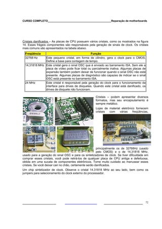 CURSO COMPLETO___________________________________________Reparação de motherboards
___________________ ______________________ 72
Cristais danificados – As placas de CPU possuem vários cristais, como os mostrados na figura
14. Esses frágeis componentes são responsáveis pela geração de sinais de clock. Os cristais
mais comuns são apresentados na tabela abaixo.
Freqüência Função
32768 Hz Este pequeno cristal, em forma de cilindro, gera o clock para o CMOS.
Define a base para contagem de tempo.
14,31818 MHz Este cristal gera o sinal OSC que é enviado ao barramento ISA. Sem ele a
placa de vídeo pode ficar total ou parcialmente inativa. Algumas placas de
expansão também podem deixar de funcionar quando o sinal OSC não está
presente. Algumas placas de diagnóstico são capazes de indicar se o sinal
OSC está presente no barramento ISA.
24 MHz Este cristal é responsável pela geração do clock para o funcionamento da
interface para drives de disquetes. Quando este cristal está danificado, os
drives de disquete não funcionam.
Cristais – podem apresentar diversos
formatos, mas seu encapsulamento é
sempre metálico.
Lojas de material eletrônico fornecem
cristais com várias freqüências,
principalmente os de 32768Hz (usado
pelo CMOS) e o de 14,31818 MHz,
usado para a geração do sinal OSC e para os sintetizadores de clock. Se tiver dificuldade em
comprar esses cristais, você pode retirá-los de qualquer placa de CPU antiga e defeituosa,
obtida em uma sucata de componentes eletrônicos. Tome muito cuidado ao manusear esses
cristais. Se você deixar cair no chão, certamente serão danificados.
Um chip sintetizador de clock. Observe o cristal 14.31818 MHz ao seu lado, bem como os
jumpers para selecionamento do clock externo do processador.
 