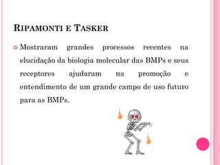 RIPAMONTI E TASKER

   Mostraram    grandes    processos    recentes   na
    elucidação da biologia molecular das BMPs e seus
    receptores   ajudaram      na       promoção     e
    entendimento de um grande campo de uso futuro
    para as BMPs.
 