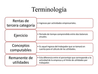 Terminología
• Ingresos por actividades empresariales.
Rentas de
tercera categoría
• Período de tiempo comprendido entre dos balances
anuales.Ejercicio
• Es aquel ingreso del trabajador que se tomará en
cuenta para el cálculo de las utilidades.
Conceptos
computables
• Esla diferencia entre el porcentaje que corresponde a la
actividad de la empresa y el límite de utilidades por
trabajador.
Remanente de
utilidades
 