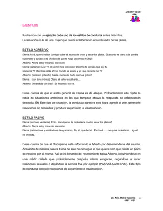 ASERTIVIDAD




EJEMPLOS


Ilustremos con un ejemplo cada uno de los estilos de conducta antes descritos.
La situación es la de una mujer que quiere colaboración con el lavado de los platos.


ESTILO AGRESIVO
Elena: Mirá, quiero hablar contigo sobre el asunto de lavar y secar los platos. El asunto es claro: o te ponés
razonable y ayudás o te olvidás de que te haga la comida ! Elegí !
Alberto: Ahora estoy mirando televisión.
Elena: (gritando) A si??? El señor mira televisión! Decime te pensás que soy tu
sirvienta ?? Mientras estás ahí el mundo se acaba y yo que reviente no ??
Alberto: (también gritando) Basta, me tenés harto con tus gritos!!
Elena: (con tono irónico) Claro, el señor está harto....
Alberto: (mirándola con odio) Se levanta y se va.



Dese cuenta de que el estilo general de Elena es de ataque. Probablemente ella repite la
rabia de situaciones anteriores en las que tampoco obtuvo la respuesta de colaboración
deseada. EN Este tipo de situación, la conducta agresiva solo logra agredir al otro, generarle
reacciones no deseadas y producir alejamiento e insatisfacción.


ESTILO PASIVO
Elena: (en tono vacilante) Ehh.. disculpame, te molestaría mucho secar los platos?
Alberto: Ahora estoy mirando televisión.
Elena: (retirándose y sintiéndose desgraciada). Ah, sí, que boba! Perdoná,..... no quise molestarte,... igual
no importa.



Dese cuenta de que al disculparse está reforzando a Alberto por desentenderse del asunto.
Actuando de manera pasiva Elena no solo no consigue lo que quiere sino que pierde un poco
de respeto por sí misma. Así se irá llenando de resentimiento hacia Alberto, convirtiéndose en
una mártir callada que probablemente después intente vengarse, negándose a tener
relaciones sexuales o dejándole la comida fria por ejemplo (PASIVO-AGRESIVO). Este tipo
de conducta produce reacciones de alejamiento e insatisfacción.




                                                                                    Lic. Psic. Maira Tiscornia   4
                                                                                                   099113121
 
