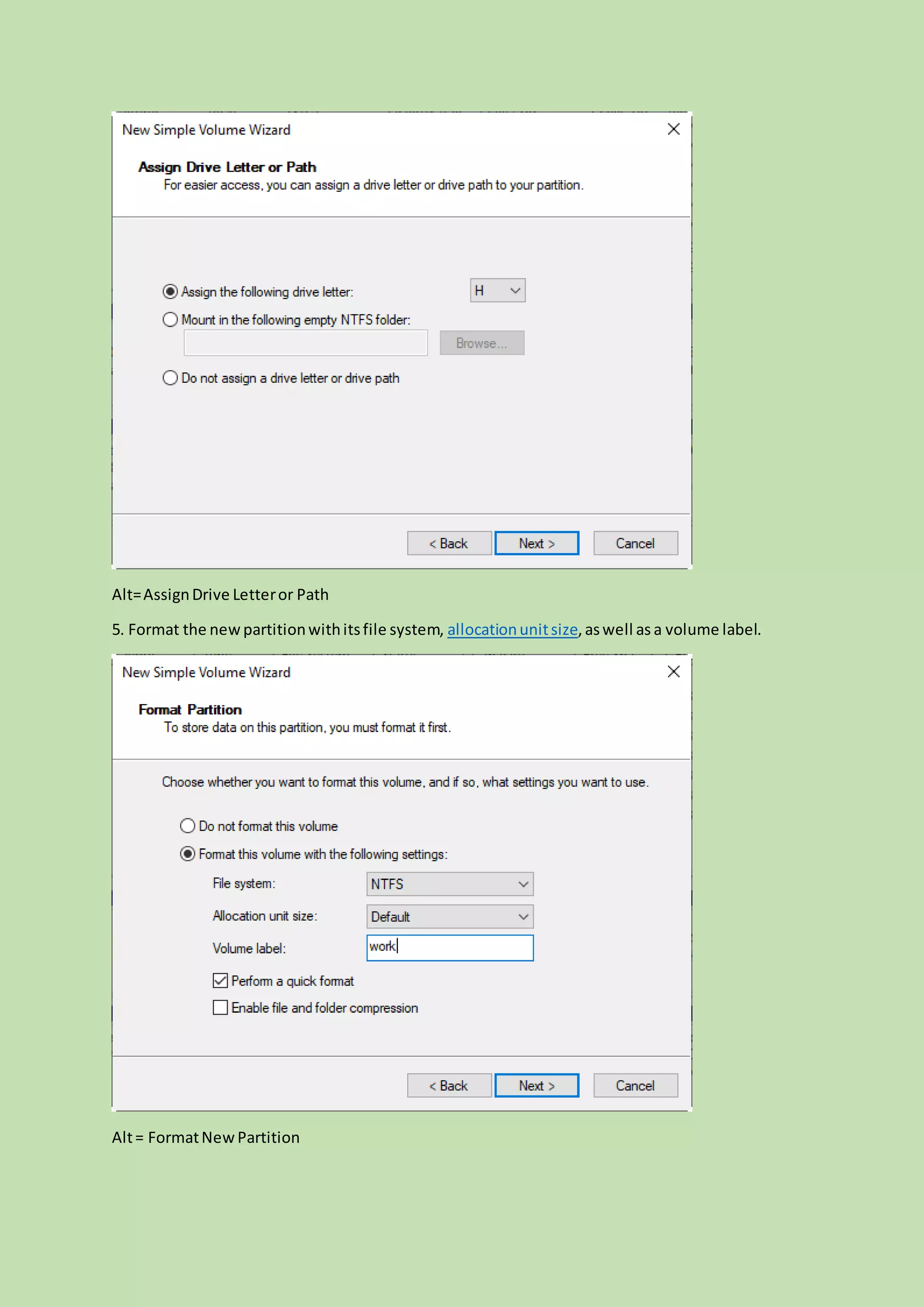 Alt=AssignDrive Letteror Path
5. Format the newpartitionwithitsfile system, allocationunitsize,aswell as a volume label.
Alt= FormatNewPartition
 