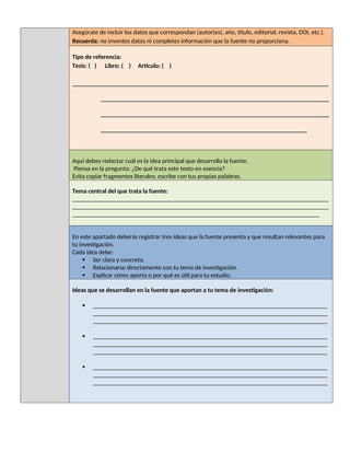 Asegúrate de incluir los datos que correspondan (autor(es), año, título, editorial, revista, DOI, etc.).
Recuerda: no inventes datos ni completes información que la fuente no proporciona.
Tipo de referencia:
Tesis: ( ) Libro: ( ) Artículo: ( )
__________________________________________________________________________________
_________________________________________________________________________
_________________________________________________________________________
__________________________________________________________________
Aquí debes redactar cuál es la idea principal que desarrolla la fuente.
Piensa en la pregunta: ¿De qué trata este texto en esencia?
Evita copiar fragmentos literales; escribe con tus propias palabras.
Tema central del que trata la fuente:
__________________________________________________________________________________
__________________________________________________________________________________
_______________________________________________________________________________
En este apartado deberás registrar tres ideas que la fuente presenta y que resultan relevantes para
tu investigación.
Cada idea debe:
 Ser clara y concreta.
 Relacionarse directamente con tu tema de investigación.
 Explicar cómo aporta o por qué es útil para tu estudio.
Ideas que se desarrollan en la fuente que aportan a tu tema de investigación:
 ___________________________________________________________________________
___________________________________________________________________________
___________________________________________________________________________
 ___________________________________________________________________________
___________________________________________________________________________
___________________________________________________________________________
 ___________________________________________________________________________
___________________________________________________________________________
___________________________________________________________________________
 