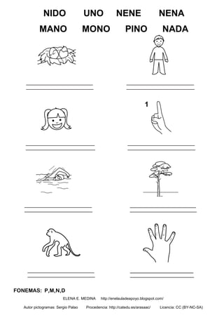 FONEMAS: P,M,N,D
ELENA E. MEDINA http://enelauladeapoyo.blogspot.com/
Autor pictogramas: Sergio Palao Procedencia: http://catedu.es/arasaac/ Licencia: CC (BY-NC-SA)
NIDO UNO NENE NENA
MANO MONO PINO NADA