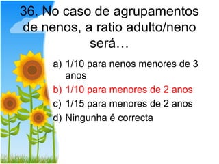 36. No caso de agrupamentos
de nenos, a ratio adulto/neno
           será…
     a) 1/10 para nenos menores de 3
        anos
     b) 1/10 para menores de 2 anos
     c) 1/15 para menores de 2 anos
     d) Ningunha é correcta
 
