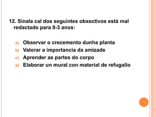 12. Sinala cal dos seguintes obxectivos está mal
  redactado para 0-3 anos:

  a) Observar o crecemento dunha planta
  b) Valorar a importancia da amizade
  c) Aprender as partes do corpo
  d) Elaborar un mural con material de refugallo
 