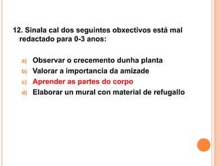 12. Sinala cal dos seguintes obxectivos está mal
  redactado para 0-3 anos:

  a) Observar o crecemento dunha planta
  b) Valorar a importancia da amizade
  c) Aprender as partes do corpo
  d) Elaborar un mural con material de refugallo
 