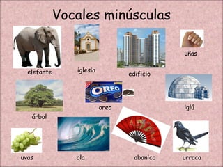 Vocales minúsculas

                                             uñas


  elefante      iglesia
                                 edificio




                          oreo               iglú
   árbol




uvas            ola                abanico   urraca
 