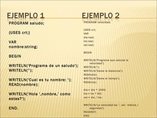 PROGRAM velocidad; USES crt; VAR dis:real; tie:real; vel:real; BEGIN WRITELN('Programa que calcula la velocidad'); WRITELN(''); WRITELN('Dame la distancia'); READ(dis); WRITELN('Dame el tiempo'); READ(tie); dis:= dis * 1000; tie:= tie * 60; vel:= dis / tie; WRITELN('La velocidad es: ', vel,' metros / segundos'); READKEY; END. PROGRAM saludo; {USES crt;} VAR nombre:string; BEGIN WRITELN('Programa de un saludo'); WRITELN(''); WRITELN('Cual es tu nombre: '); READ(nombre); WRITELN('Hola ',nombre,' como estas?'); END. 