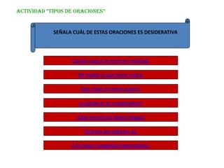 ACTIVIDAD “TIPOS DE ORACIONES”


            SEÑALA CUÁL DE ESTAS ORACIONES ES DESIDERATIVA




                  Quizás vaya a la nieve en navidad.

                     Mi madre sí que tiene coche.

                      Esta clase no tiene pizarra.

                     ¿cuándo es tu cumpleaños?

                    ¡Qué vienen los Reyes Magos!

                       Termina los deberes ya.

                  A lo mejor suspendo matemáticas.
 