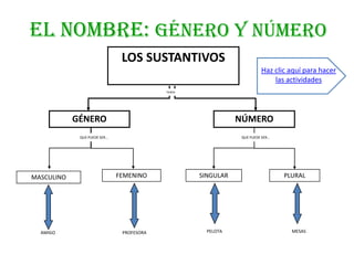 EL NOMBRE: Género y número
                               LOS SUSTANTIVOS
                                                                         Haz clic aquí para hacer
                                                                             las actividades
                                           TIENEN




            GÉNERO                                             NÚMERO
             QUE PUEDE SER…                                     QUE PUEDE SER…




MASCULINO                     FEMENINO              SINGULAR                     PLURAL




  AMIGO                        PROFESORA              PELOTA                       MESAS
 