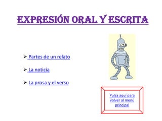 EXPRESIÓN ORAL Y ESCRITA


  Partes de un relato

  La noticia

  La prosa y el verso

                         Pulsa aquí para
                         volver al menú
                            principal
 