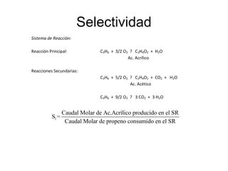Selectividad
Sistema de Reacción:
Reacción Principal: C3H6 + 3/2 O2 ? C3H4O2 + H2O
Ac. Acrílico
Reacciones Secundarias:
C3H6 + 5/2 O2 ? C2H4O2 + CO2 + H2O
Ac. Acético
C3H6 + 9/2 O2 ? 3 CO2 + 3 H2O
1
Caudal Molar de Ac.Acrílico producido en el SR
S =
Caudal Molar de propeno consumido en el SR
 