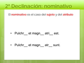 2ª Declinación: nominativo
• Pulchr__ et magn__ atri__ est.
• Pulchr__ et magn__ atr__ sunt.
El nominativo es el caso del sujeto y del atributo
 