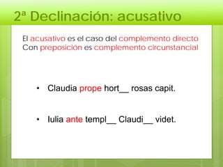 2ª Declinación: acusativo
El acusativo es el caso del complemento directo
Con preposición es complemento circunstancial
• Claudia prope hort__ rosas capit.
• Iulia ante templ__ Claudi__ videt.
 