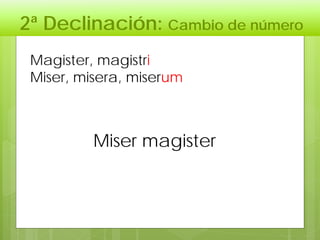 2ª Declinación: Cambio de número
Magister, magistri
Miser, misera, miserum
Miser magister
 