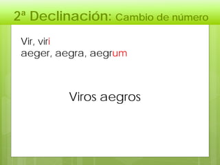 2ª Declinación: Cambio de número
Viros aegros
Vir, viri
aeger, aegra, aegrum
 