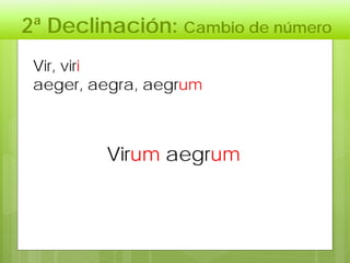 2ª Declinación: Cambio de número
Virum aegrum
Vir, viri
aeger, aegra, aegrum
 