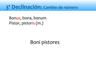 Boni pistores
Bonus, bona, bonum
Pistor, pistoris (m.)
3ª Declinación: Cambio de número
 