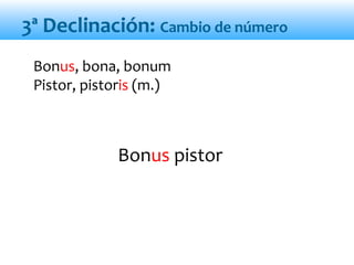 Bonus pistor
Bonus, bona, bonum
Pistor, pistoris (m.)
3ª Declinación: Cambio de número
 
