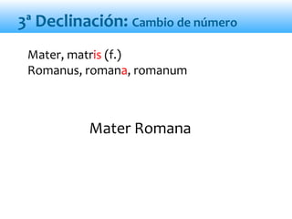 Mater Romana
Mater, matris (f.)
Romanus, romana, romanum
3ª Declinación: Cambio de número
 