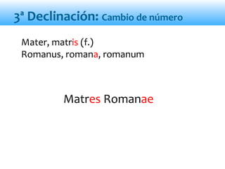 Matres Romanae
Mater, matris (f.)
Romanus, romana, romanum
3ª Declinación: Cambio de número
 