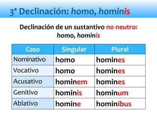 3ª Declinación: homo, hominis
Declinación de un sustantivo no neutro:
homo, hominis
Caso Singular Plural
Nominativo homo homines
Vocativo homo homines
Acusativo hominem homines
Genitivo hominis hominum
Ablativo homine hominibus
 