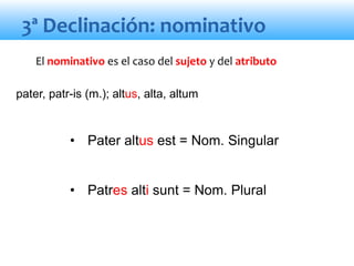 3ª Declinación: nominativo
• Pater altus est = Nom. Singular
• Patres alti sunt = Nom. Plural
El nominativo es el caso del sujeto y del atributo
pater, patr-is (m.); altus, alta, altum
 