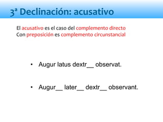El acusativo es el caso del complemento directo
Con preposición es complemento circunstancial
• Augur latus dextr__ observat.
• Augur__ later__ dextr__ observant.
3ª Declinación: acusativo
 