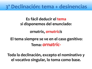 3ª Declinación: tema + desinencias
Es fácil deducir el tema
si disponemos del enunciado:
ornatrix, ornatricis
El tema siempre se ve en el caso genitivo:
Tema: ornatric-
Toda la declinación, excepto el nominativo y
el vocativo singular, lo toma como base.
 