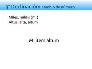 Militem altum
Miles, militis (m.)
Altus, alta, altum
3ª Declinación: Cambio de número
 