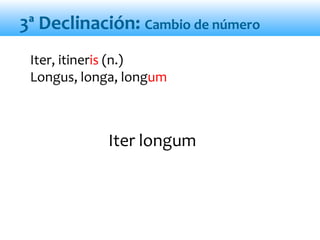 Iter longum
Iter, itineris (n.)
Longus, longa, longum
3ª Declinación: Cambio de número
 