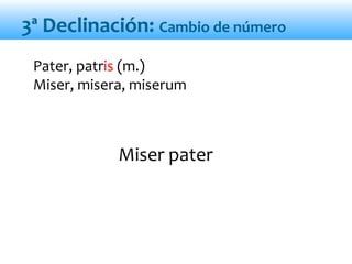Pater, patris (m.)
Miser, misera, miserum
Miser pater
3ª Declinación: Cambio de número
 