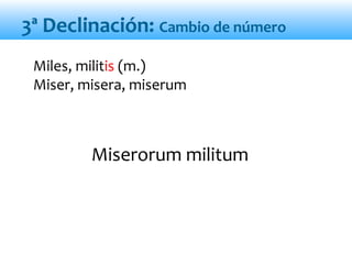 Miles, militis (m.)
Miser, misera, miserum
Miserorum militum
3ª Declinación: Cambio de número
 