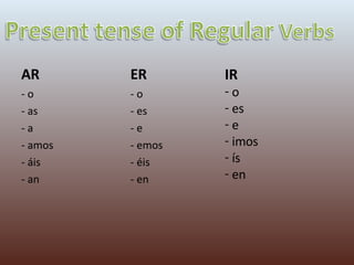 AR - o - as - a - amos - áis - an ER - o - es - e - emos - éis - en IR o es e imos ís en 